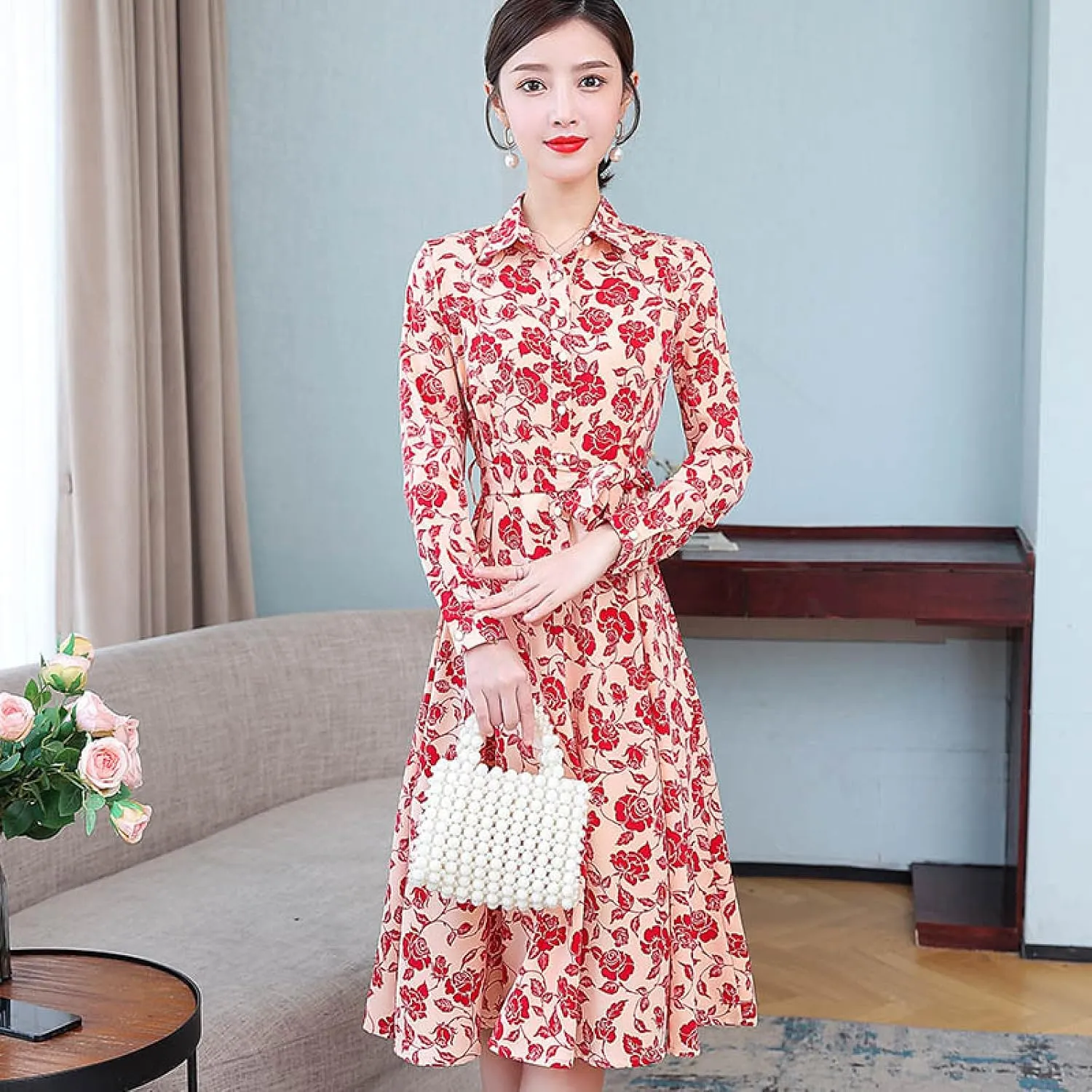 Floral Print Swing Mini Dress, Ruffle, Floral Dress, red, XXXXL,Beach Maxi Long Dress