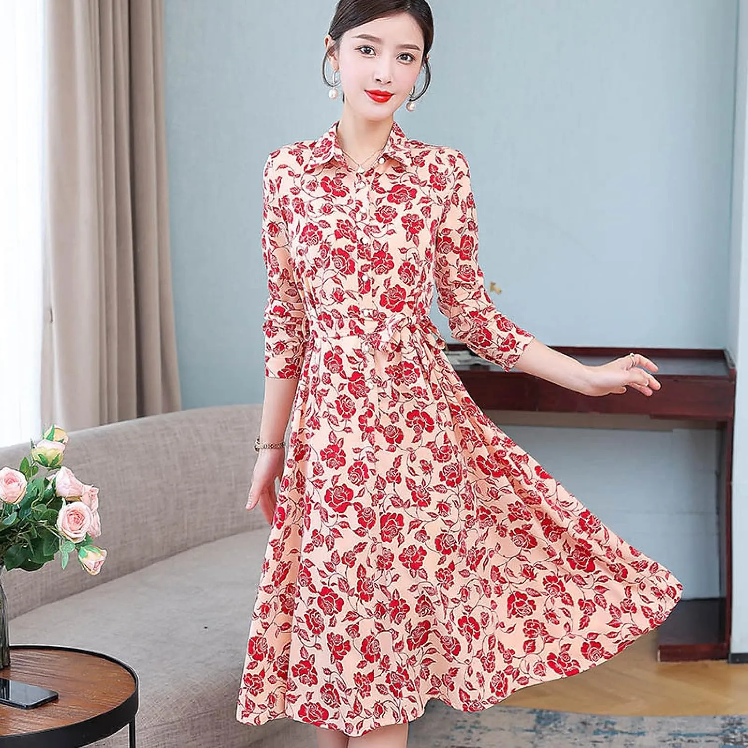 Floral Print Swing Mini Dress, Ruffle, Floral Dress, red, XXXXL,Beach Maxi Long Dress