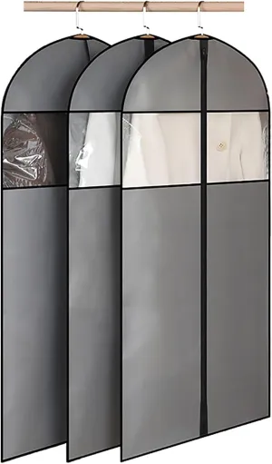 Garment Bags for Hanging Clothes, 3Pcs Suit Covers with Clear Windows, Suit Bags for Jackets, Shirts, Long Coats Gray(24x43in/60x110cm)