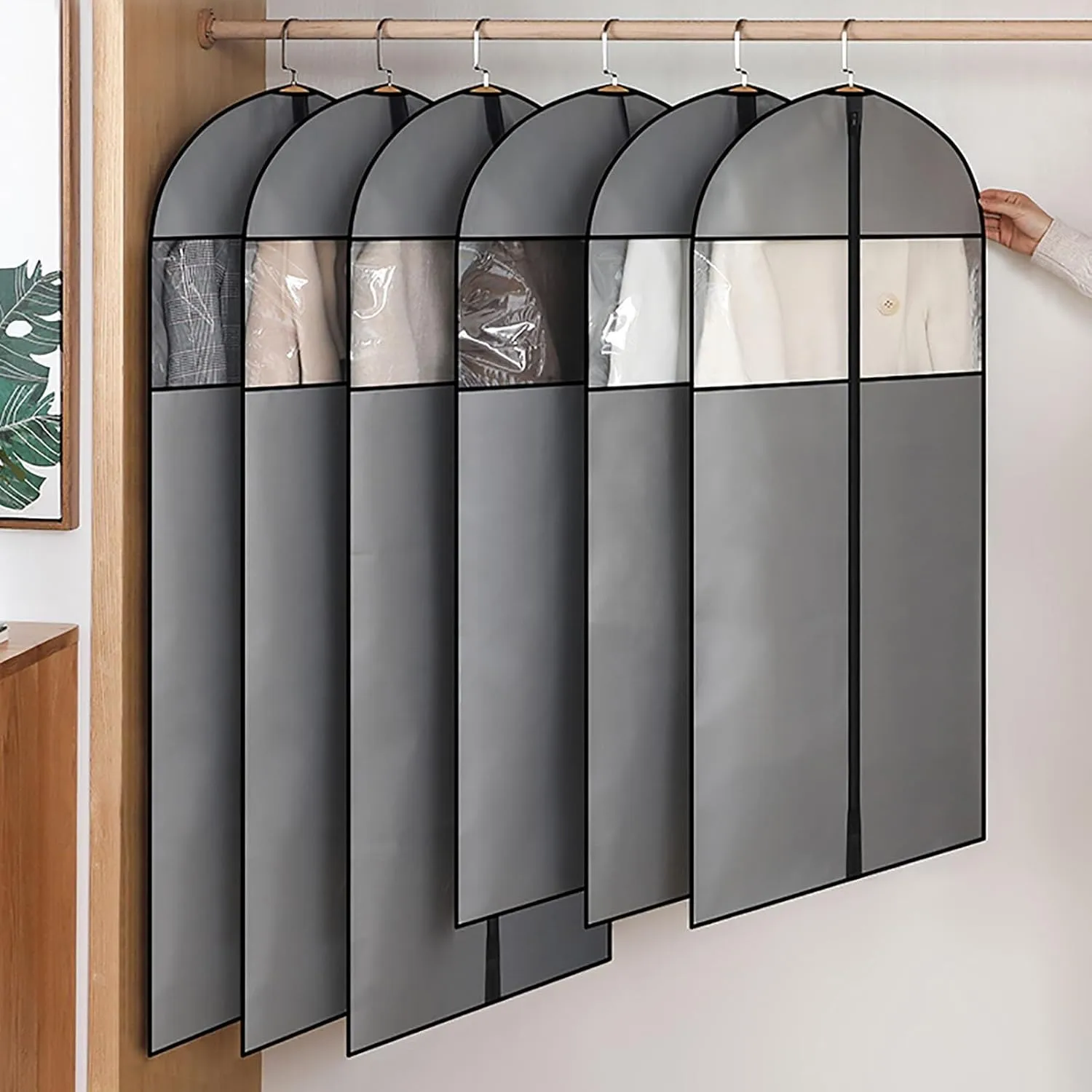 Garment Bags for Hanging Clothes, 3Pcs Suit Covers with Clear Windows, Suit Bags for Jackets, Shirts, Long Coats Gray(24x43in/60x110cm)