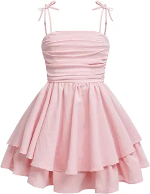 Girl's Floral Cami Dress Ruched Sleeveless Pink Layered Ruffle Kawaii Short Floral Summer Dresses
