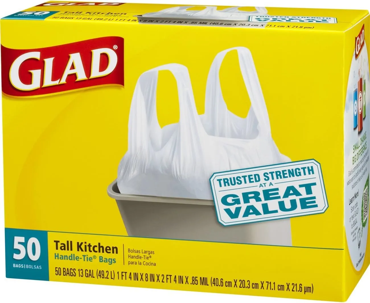 Glad Trash Bags, Tall Kitchen Handle-tie Garbage Bags - 13 Gallon White Trash Bag - 50 Count (package May Vary)