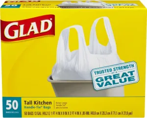 Glad Trash Bags, Tall Kitchen Handle-tie Garbage Bags - 13 Gallon White Trash Bag - 50 Count (package May Vary)