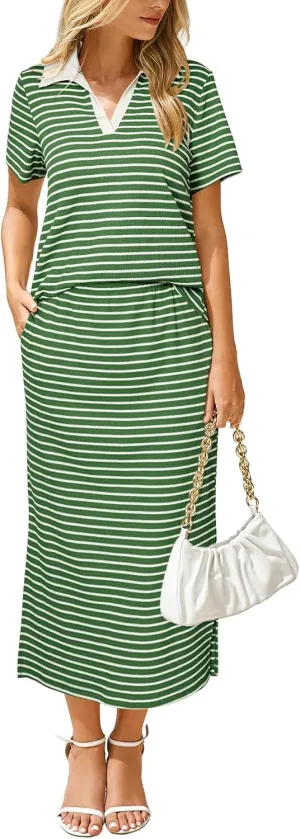 Glamaker Womens 2025 Summer Skirt Sets 2 Piece Outfits Casual Knit Striped Short Sleeve Travel Sets Clothes