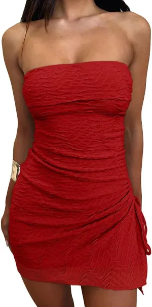 GOKATOSAU Women's Floral Strapless Fold Over Neckline Split Drawstring Bodycon Ruched Mini Dress