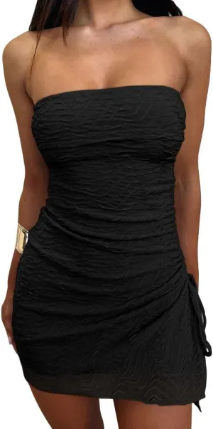 GOKATOSAU Women's Floral Strapless Fold Over Neckline Split Drawstring Bodycon Ruched Mini Dress