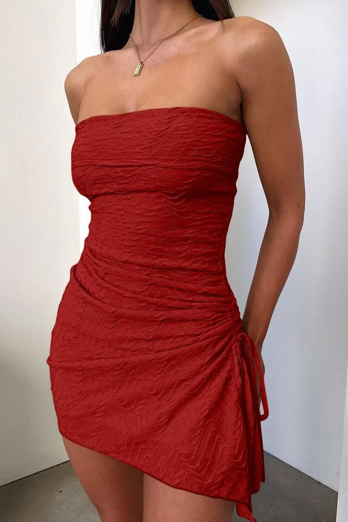 GOKATOSAU Women's Floral Strapless Fold Over Neckline Split Drawstring Bodycon Ruched Mini Dress