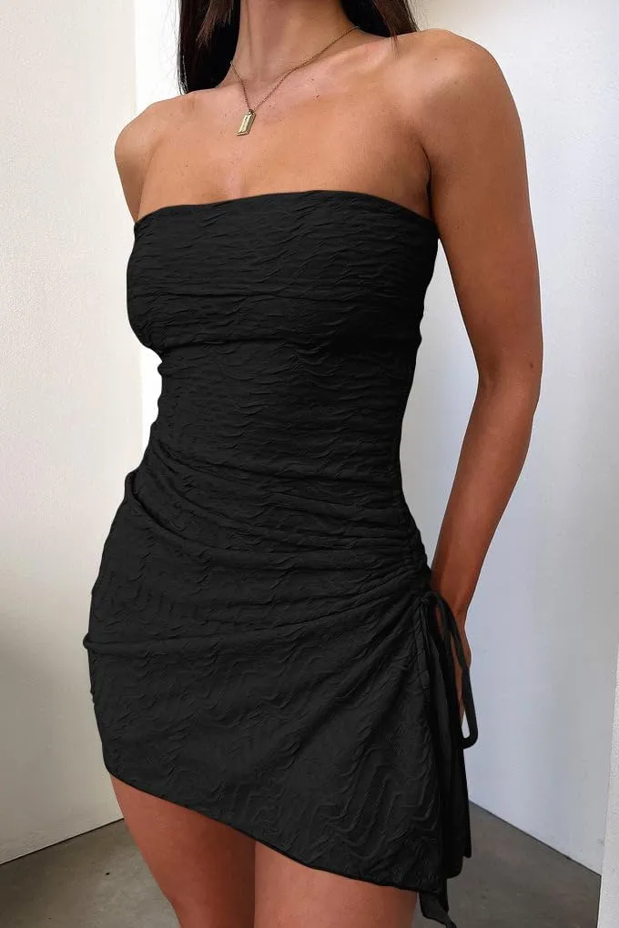GOKATOSAU Women's Floral Strapless Fold Over Neckline Split Drawstring Bodycon Ruched Mini Dress