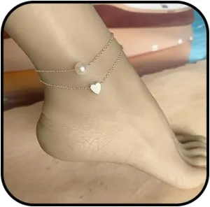 Gold Pearl Anklets for Women Boho Pearl Heart Ankle Bracelets Non Tarnish Anklets Adjustable Waterproof Anklets Silver Stackable Foot Chain Summer Beach Jewelry