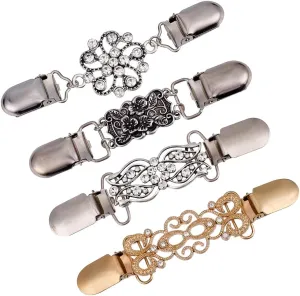 GORGECRAFT 4Pcs 4 Styles Sweater Shawl Clips Gold Silver Metal Vintage Cape Cloak Rhinestone Cardigan Clip Retro Scarf Collar Clasp Dress Shirt Brooch Clip for Women Wearing Gifts 4.7 Inch Long