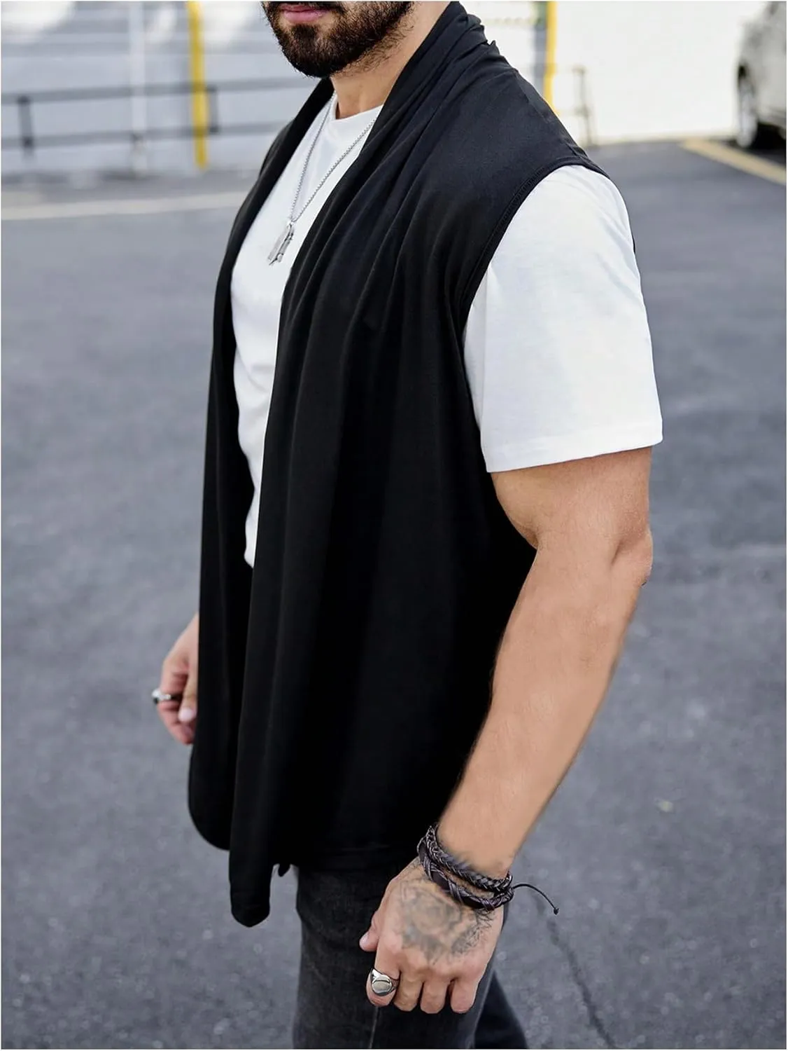 GORGLITTER Men's Lightweight Shawl Collar Sleeveless Cardigan Open Front Long Length Drape Cape