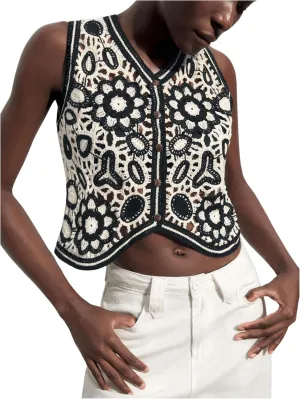 GORGLITTER Women's Crochet Floral Sweater Vest Hollow Out V Neck Button Down Knit Crop Top