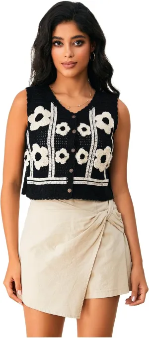 GORGLITTER Women's Crochet Western Cowgirl Rodeo Outfit Floral Sleeveless Boho Lightweight Cardigan Vest Tops 2025