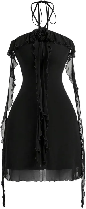 GORGLITTER Women's Flower Strapless Halter Bodycon Mini Dress Y2K Mesh Ruffle Open Back Summer Graduation Prom Sundress