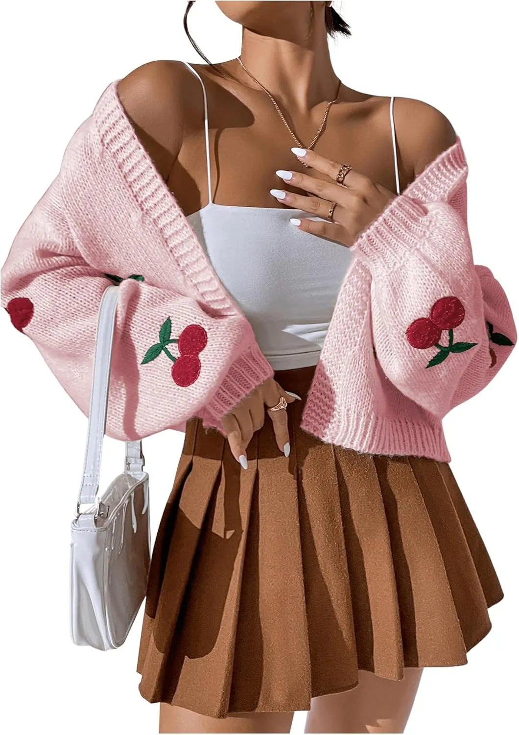 GORGLITTER Women's Graphic Cherry Cardigan Open Front Cable Knit Lantern Sleeve Cropped Cardigan Sweater