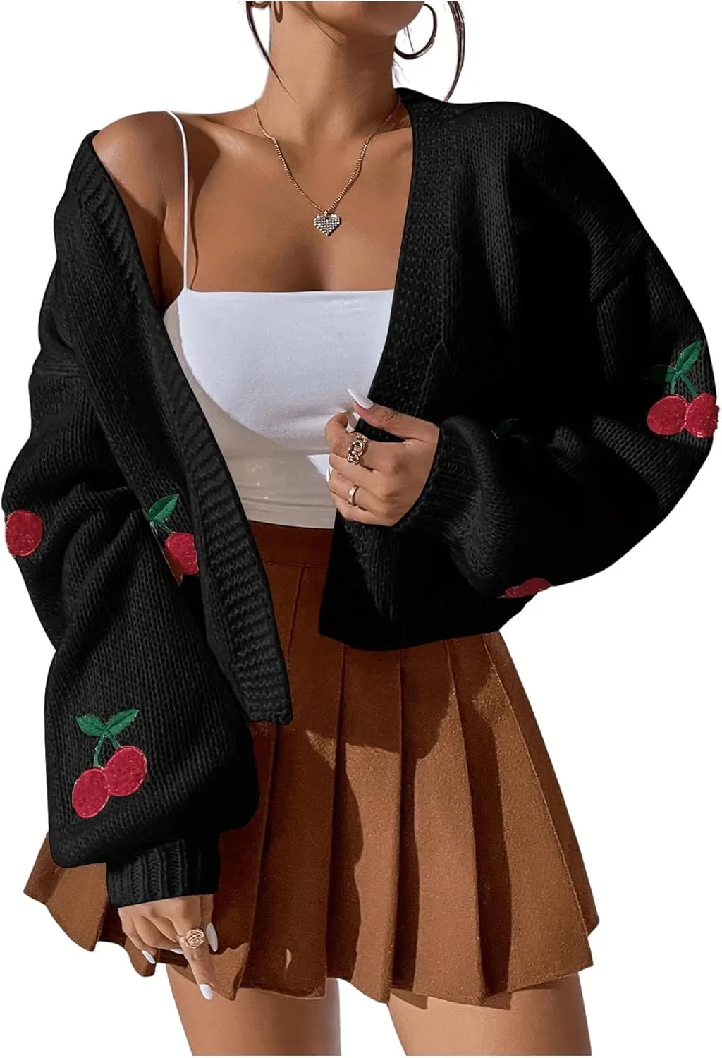 GORGLITTER Women's Graphic Cherry Cardigan Open Front Cable Knit Lantern Sleeve Cropped Cardigan Sweater