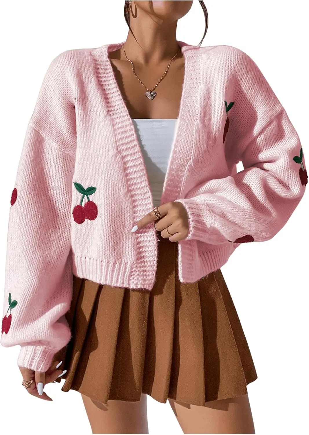 GORGLITTER Women's Graphic Cherry Cardigan Open Front Cable Knit Lantern Sleeve Cropped Cardigan Sweater