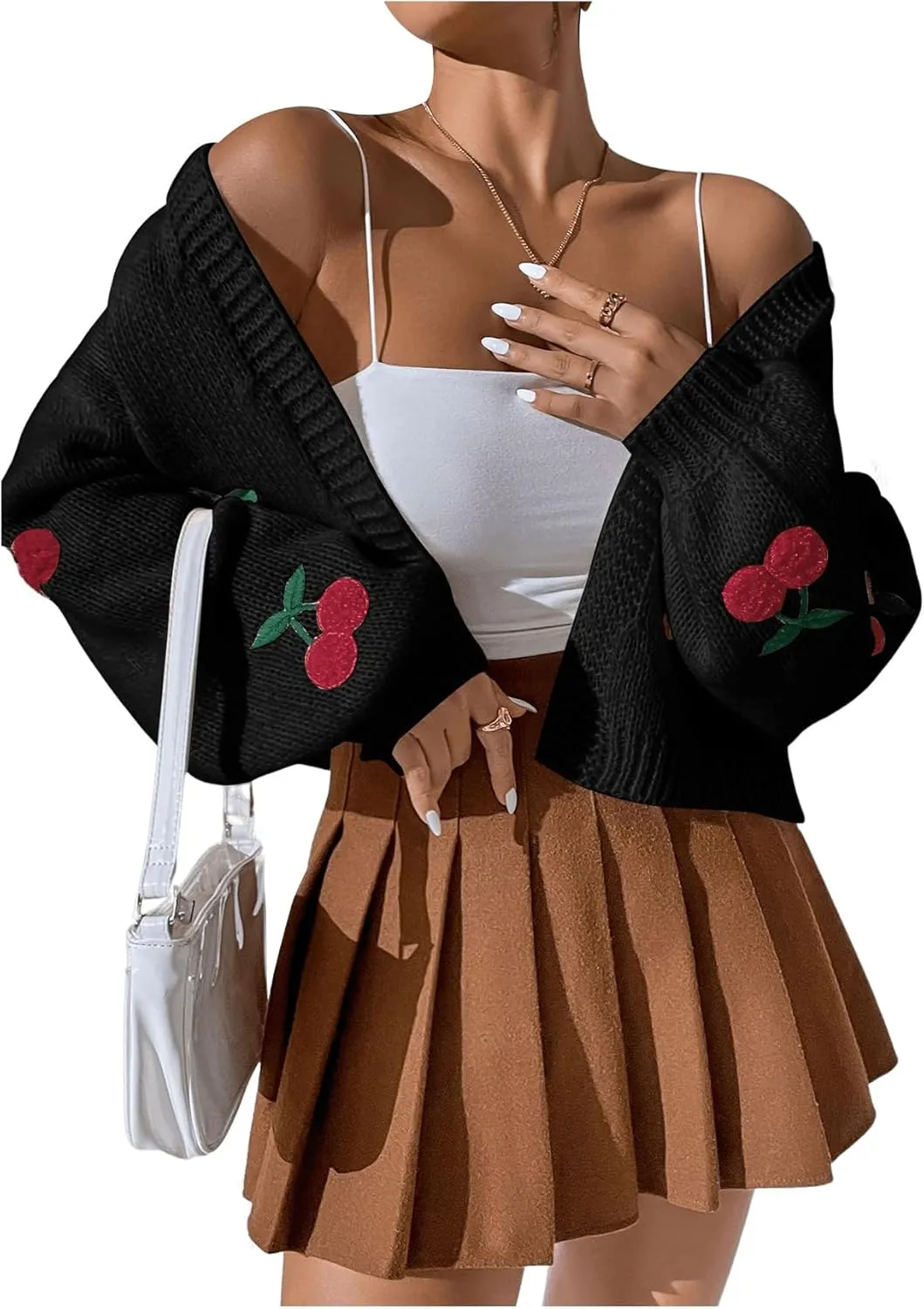 GORGLITTER Women's Graphic Cherry Cardigan Open Front Cable Knit Lantern Sleeve Cropped Cardigan Sweater