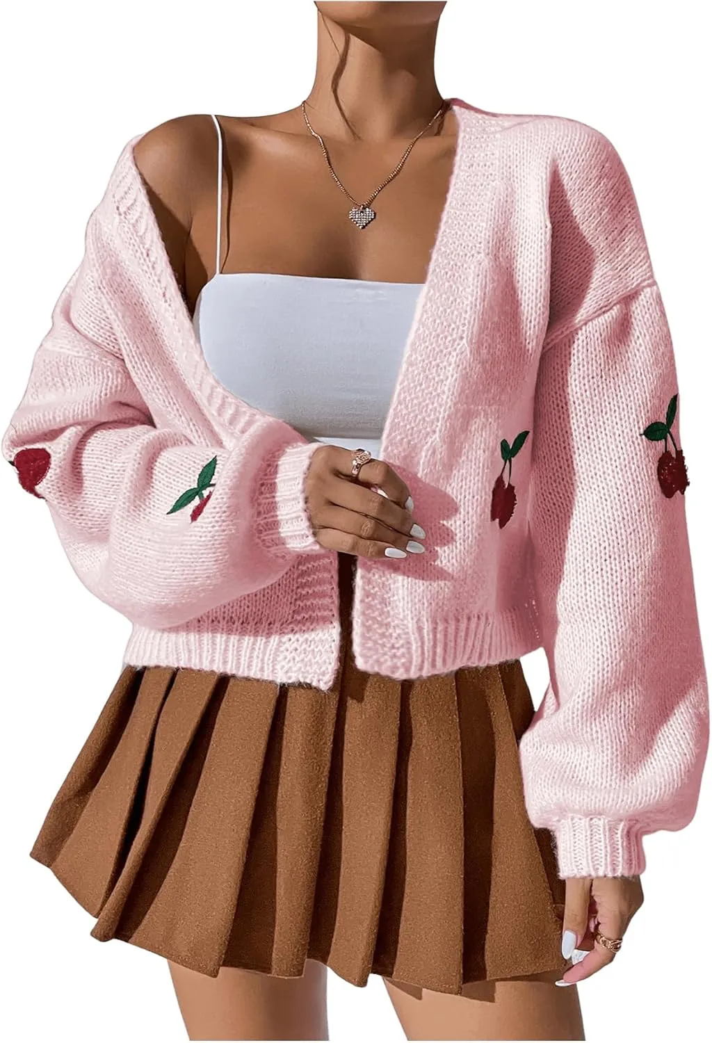 GORGLITTER Women's Graphic Cherry Cardigan Open Front Cable Knit Lantern Sleeve Cropped Cardigan Sweater
