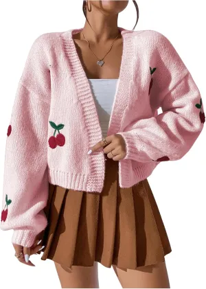GORGLITTER Women's Graphic Cherry Cardigan Open Front Cable Knit Lantern Sleeve Cropped Cardigan Sweater