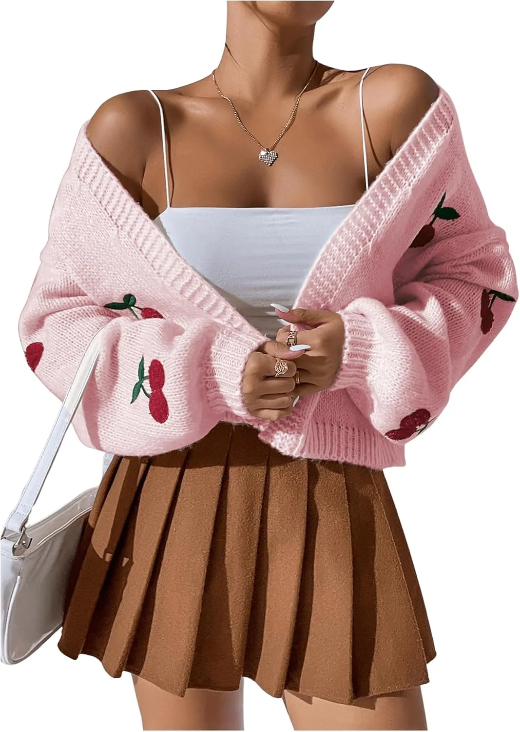 GORGLITTER Women's Graphic Cherry Cardigan Open Front Cable Knit Lantern Sleeve Cropped Cardigan Sweater