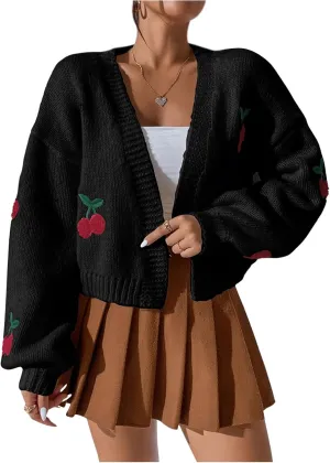 GORGLITTER Women's Graphic Cherry Cardigan Open Front Cable Knit Lantern Sleeve Cropped Cardigan Sweater