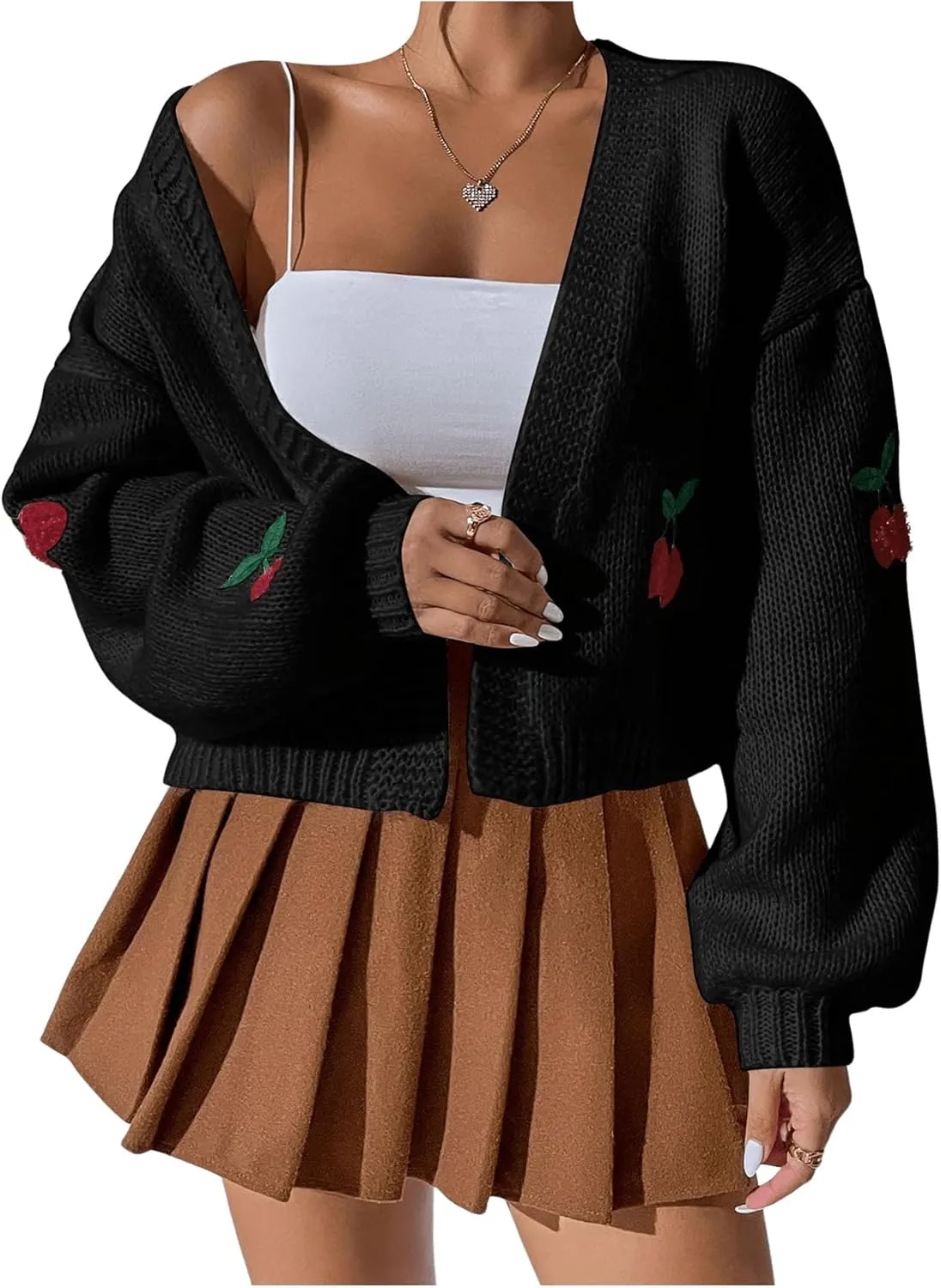 GORGLITTER Women's Graphic Cherry Cardigan Open Front Cable Knit Lantern Sleeve Cropped Cardigan Sweater