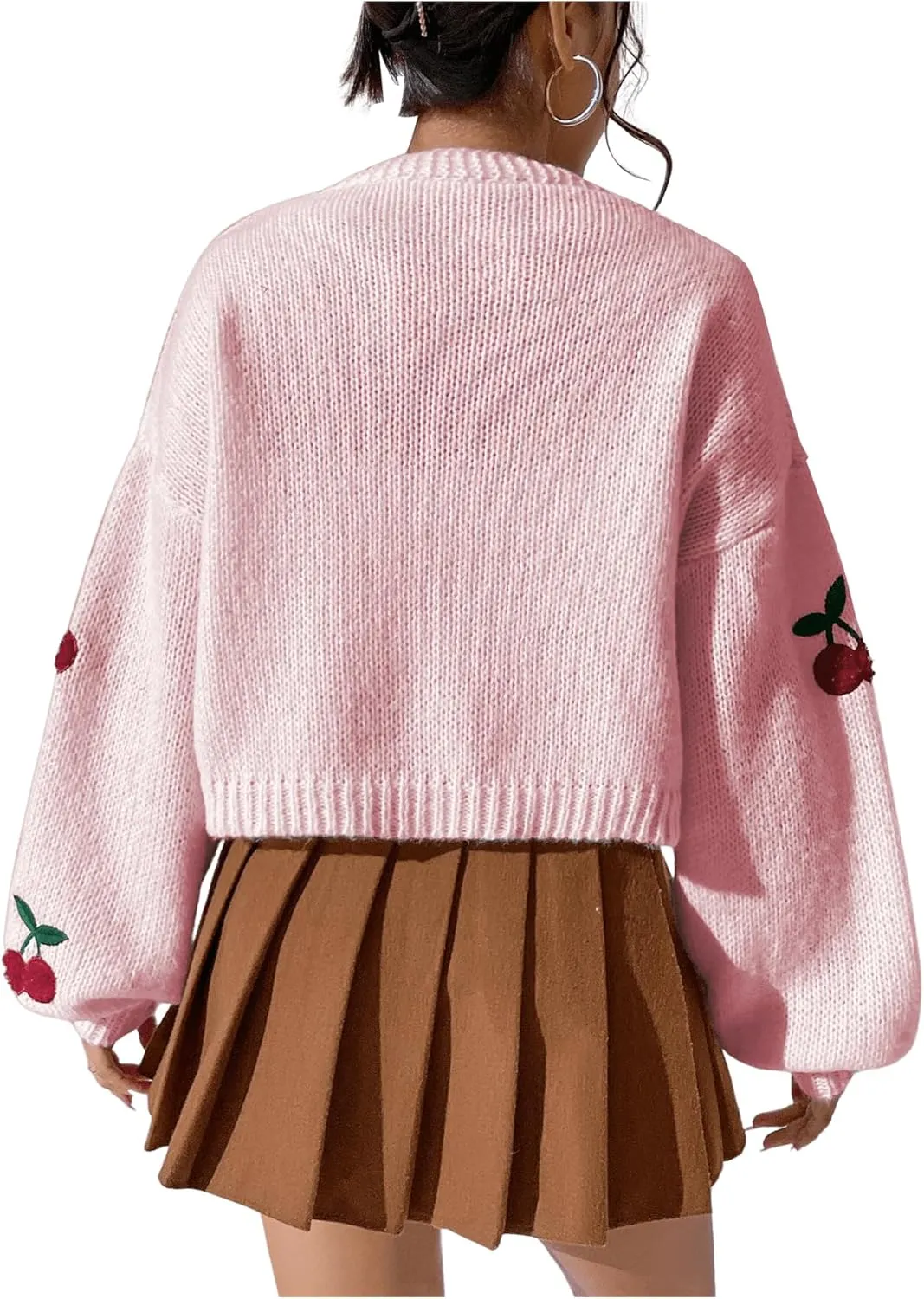 GORGLITTER Women's Graphic Cherry Cardigan Open Front Cable Knit Lantern Sleeve Cropped Cardigan Sweater
