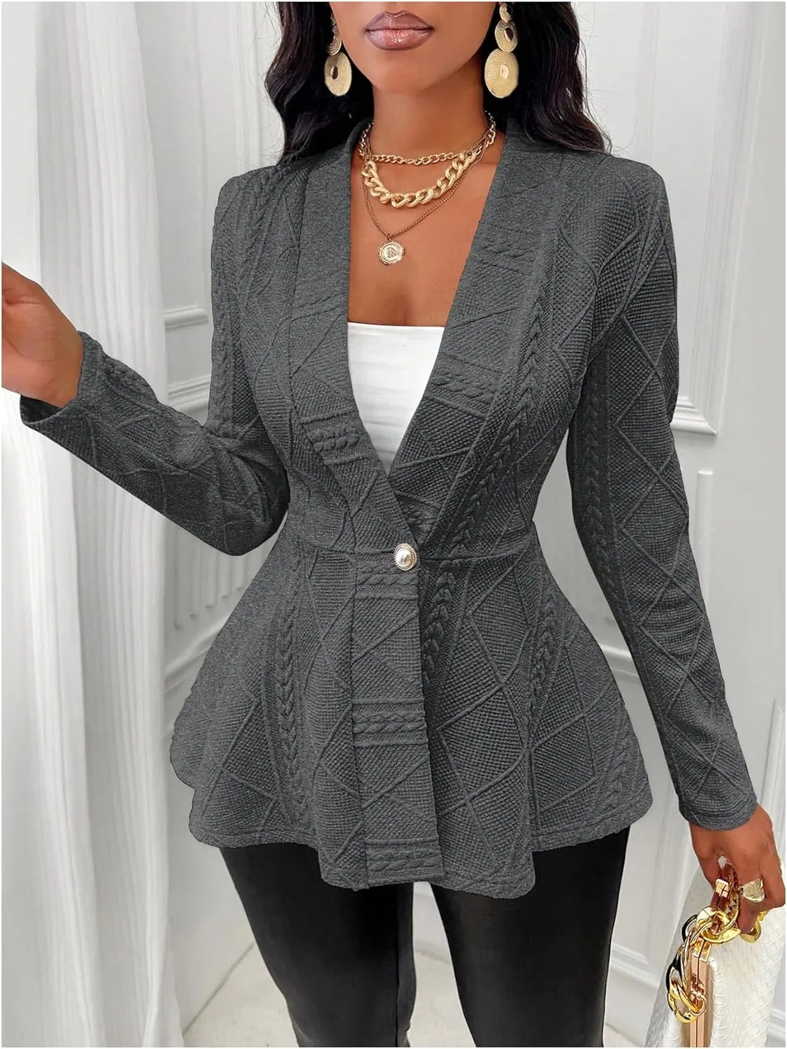 GORGLITTER Women's Peplum Blazer Jackets Business Casual Work Blazers Textured Button Front Long Sleeve Fall Outfits