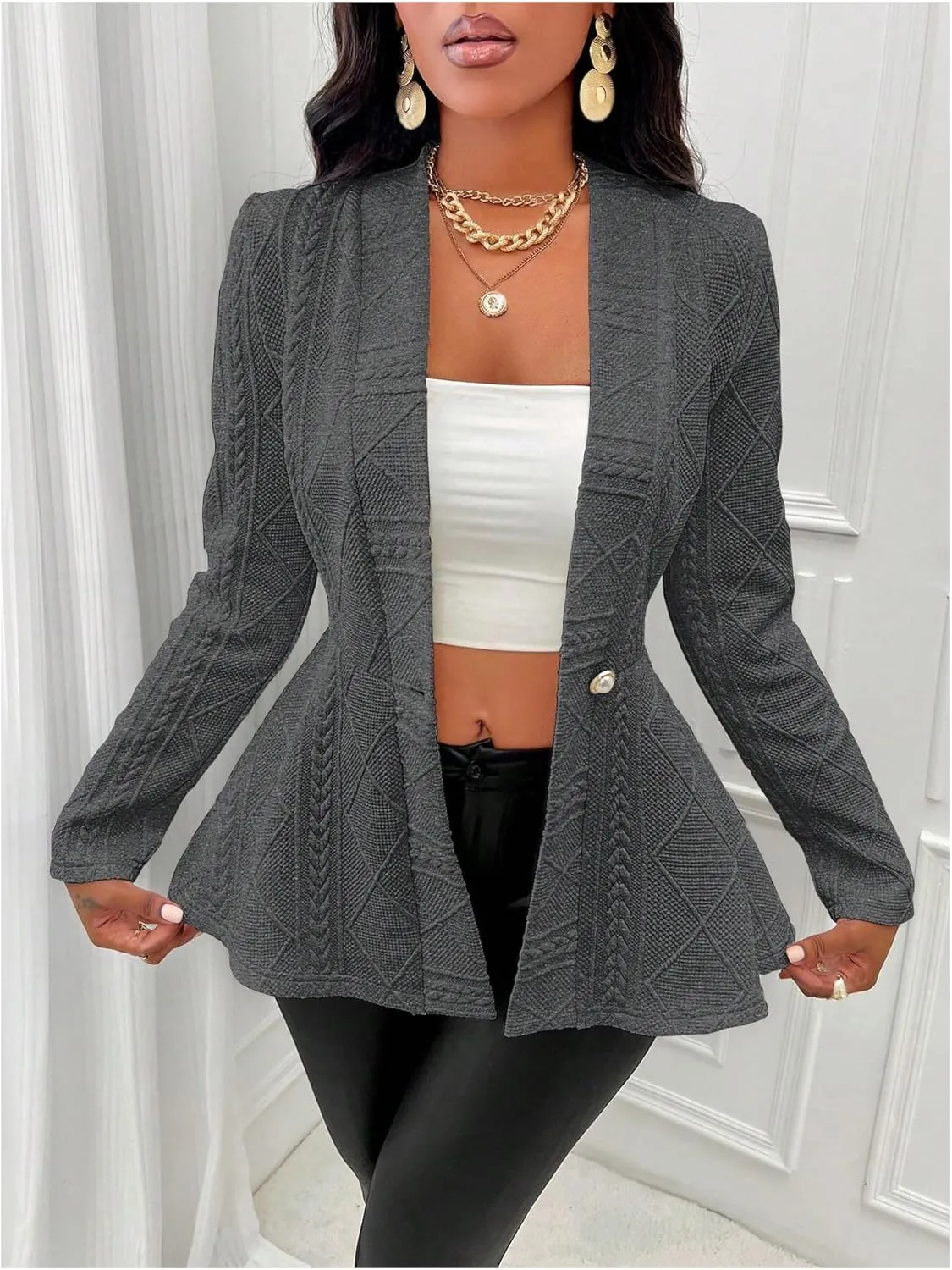 GORGLITTER Women's Peplum Blazer Jackets Business Casual Work Blazers Textured Button Front Long Sleeve Fall Outfits