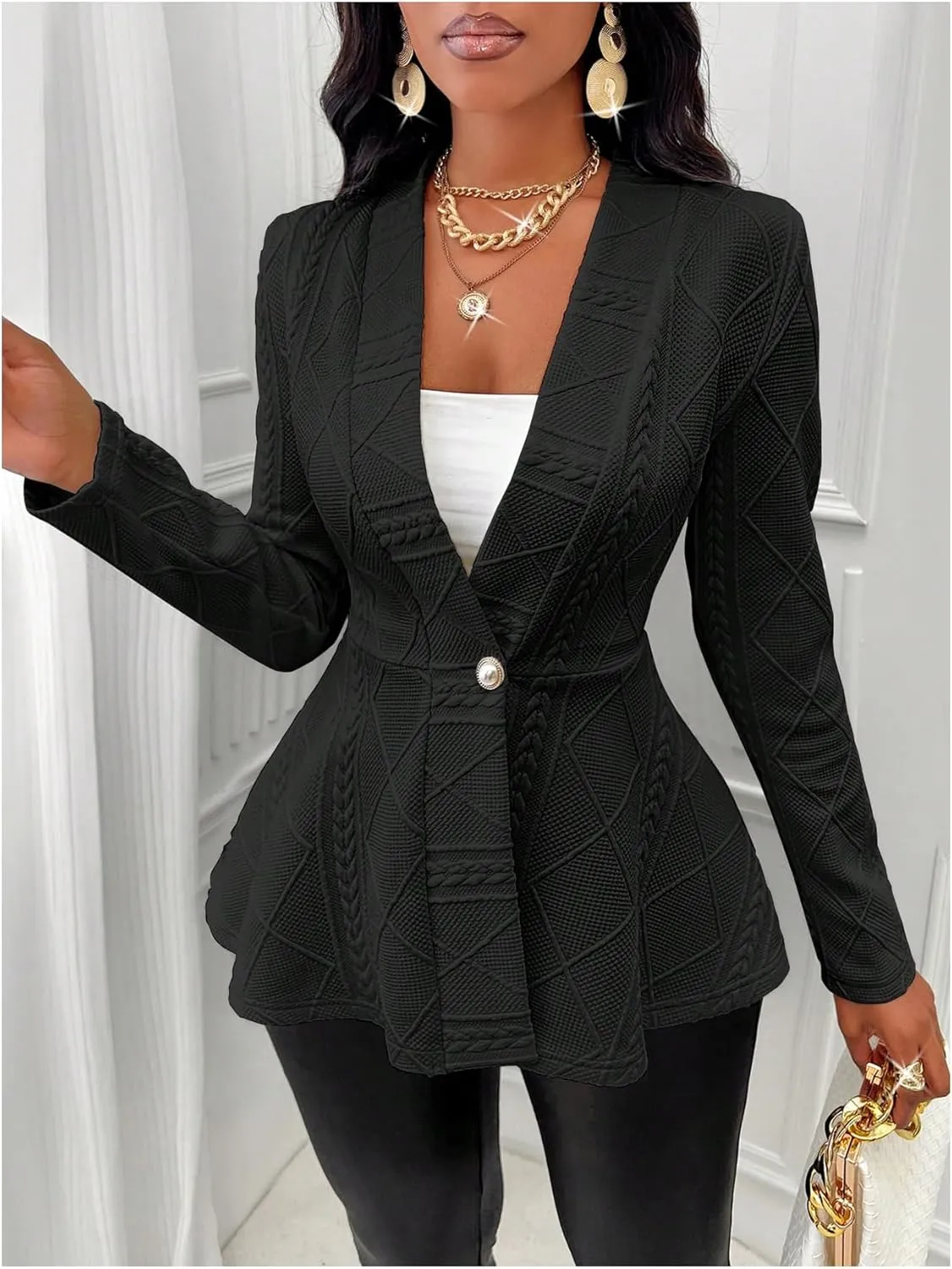 GORGLITTER Women's Peplum Blazer Jackets Business Casual Work Blazers Textured Button Front Long Sleeve Fall Outfits