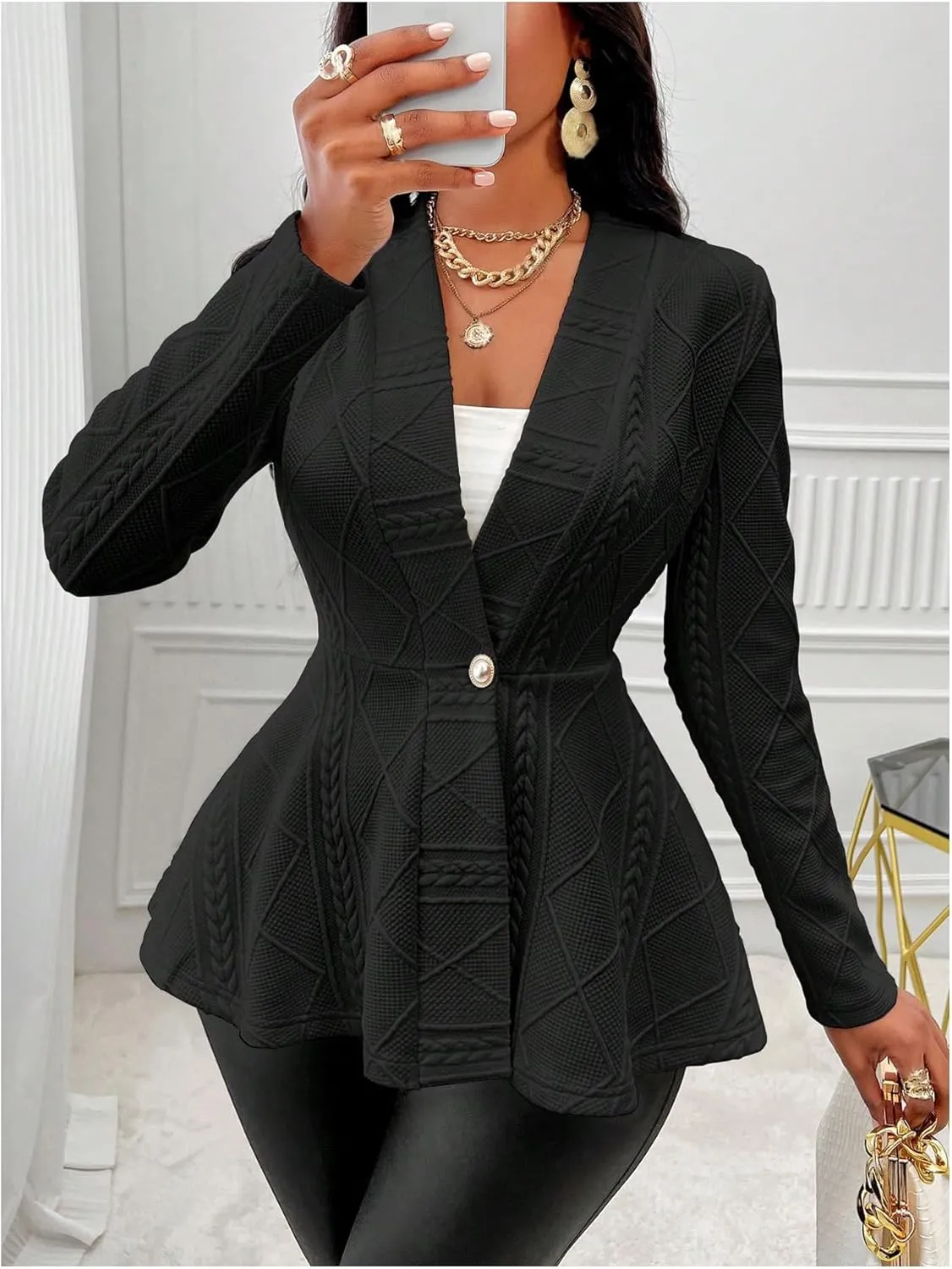GORGLITTER Women's Peplum Blazer Jackets Business Casual Work Blazers Textured Button Front Long Sleeve Fall Outfits
