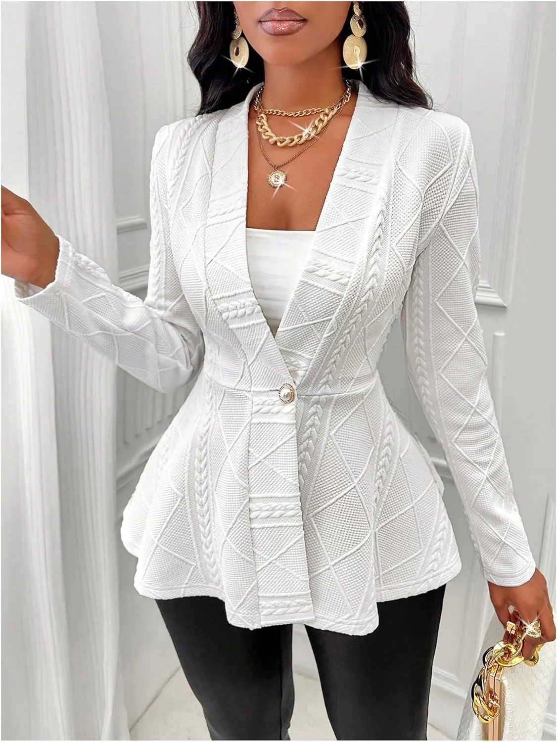 GORGLITTER Women's Peplum Blazer Jackets Business Casual Work Blazers Textured Button Front Long Sleeve Fall Outfits