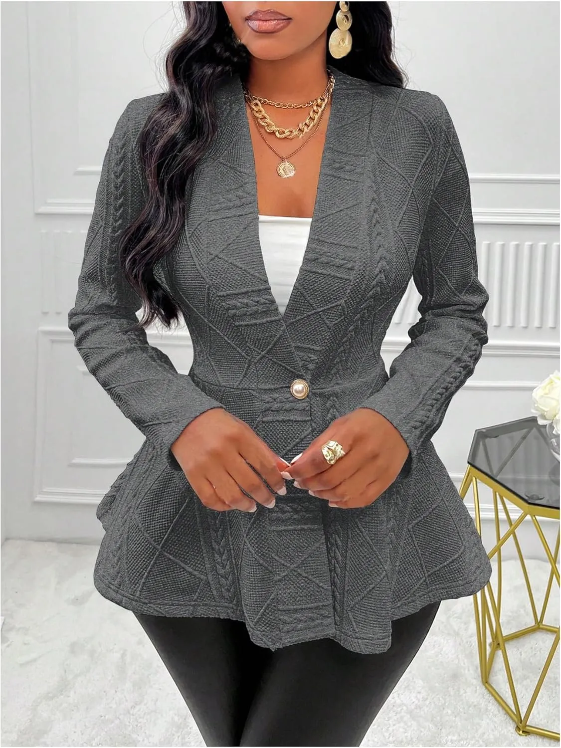 GORGLITTER Women's Peplum Blazer Jackets Business Casual Work Blazers Textured Button Front Long Sleeve Fall Outfits