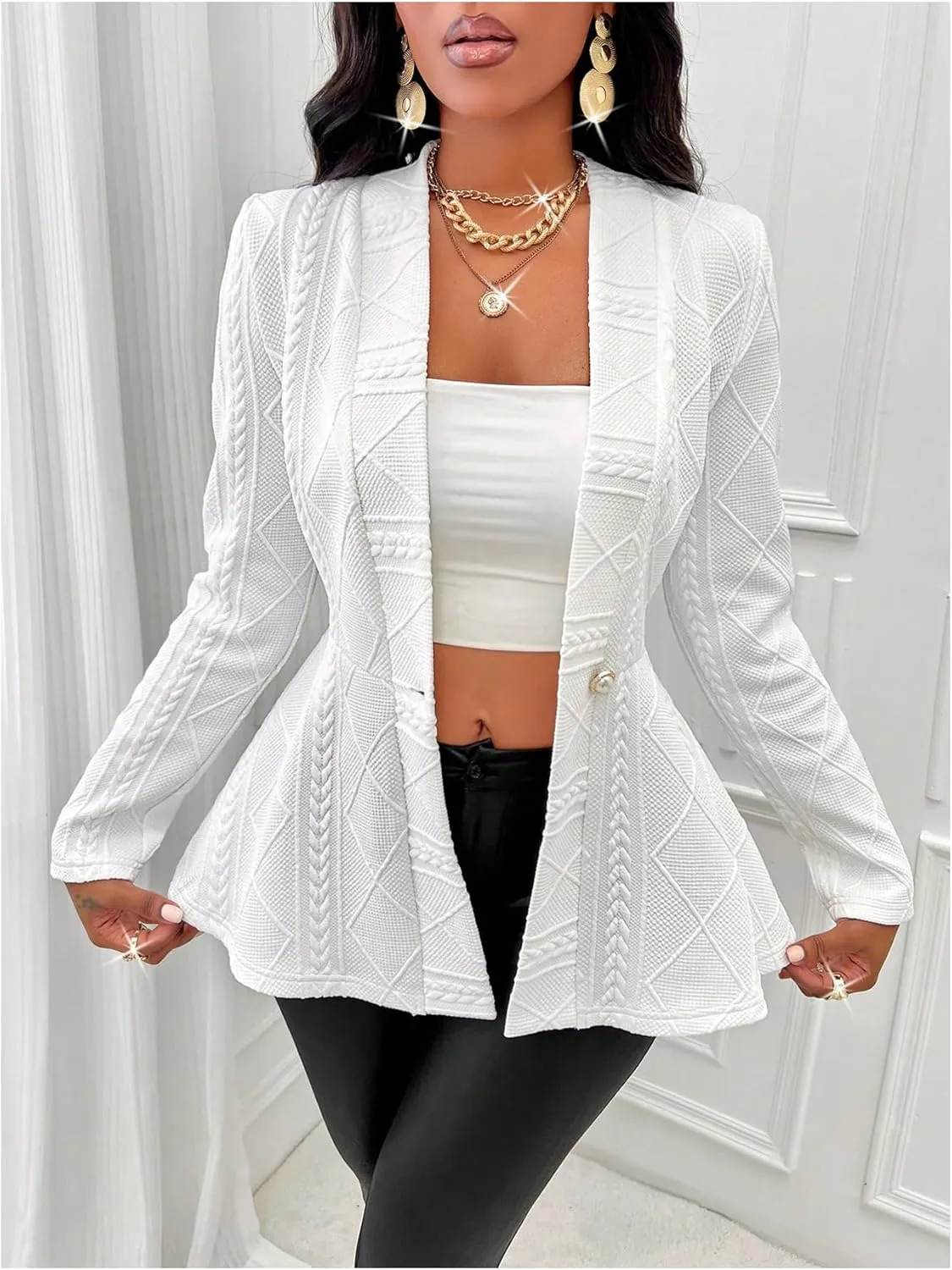 GORGLITTER Women's Peplum Blazer Jackets Business Casual Work Blazers Textured Button Front Long Sleeve Fall Outfits