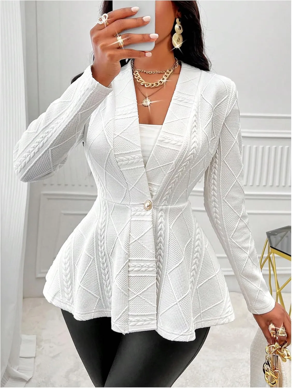 GORGLITTER Women's Peplum Blazer Jackets Business Casual Work Blazers Textured Button Front Long Sleeve Fall Outfits