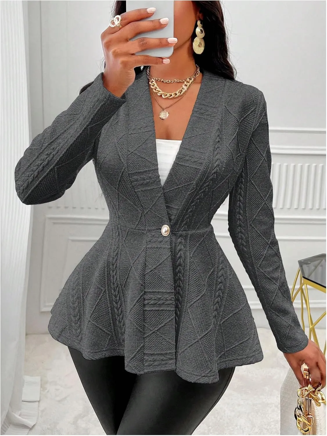GORGLITTER Women's Peplum Blazer Jackets Business Casual Work Blazers Textured Button Front Long Sleeve Fall Outfits