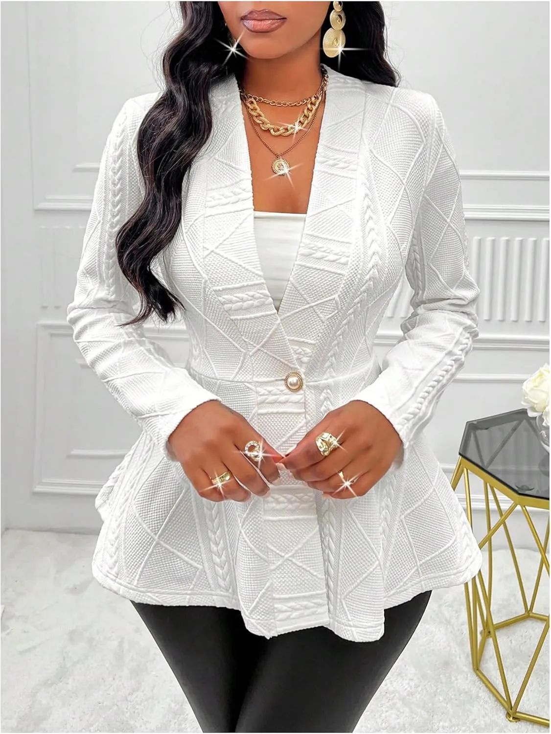 GORGLITTER Women's Peplum Blazer Jackets Business Casual Work Blazers Textured Button Front Long Sleeve Fall Outfits