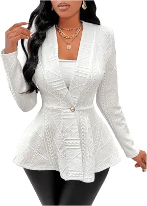 GORGLITTER Women's Peplum Blazer Jackets Business Casual Work Blazers Textured Button Front Long Sleeve Fall Outfits