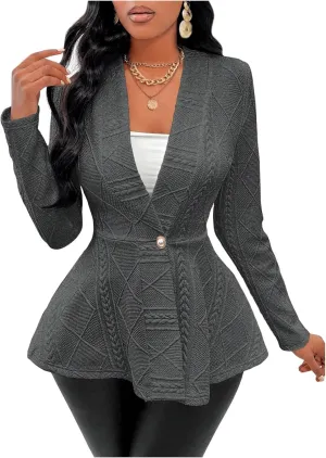 GORGLITTER Women's Peplum Blazer Jackets Business Casual Work Blazers Textured Button Front Long Sleeve Fall Outfits