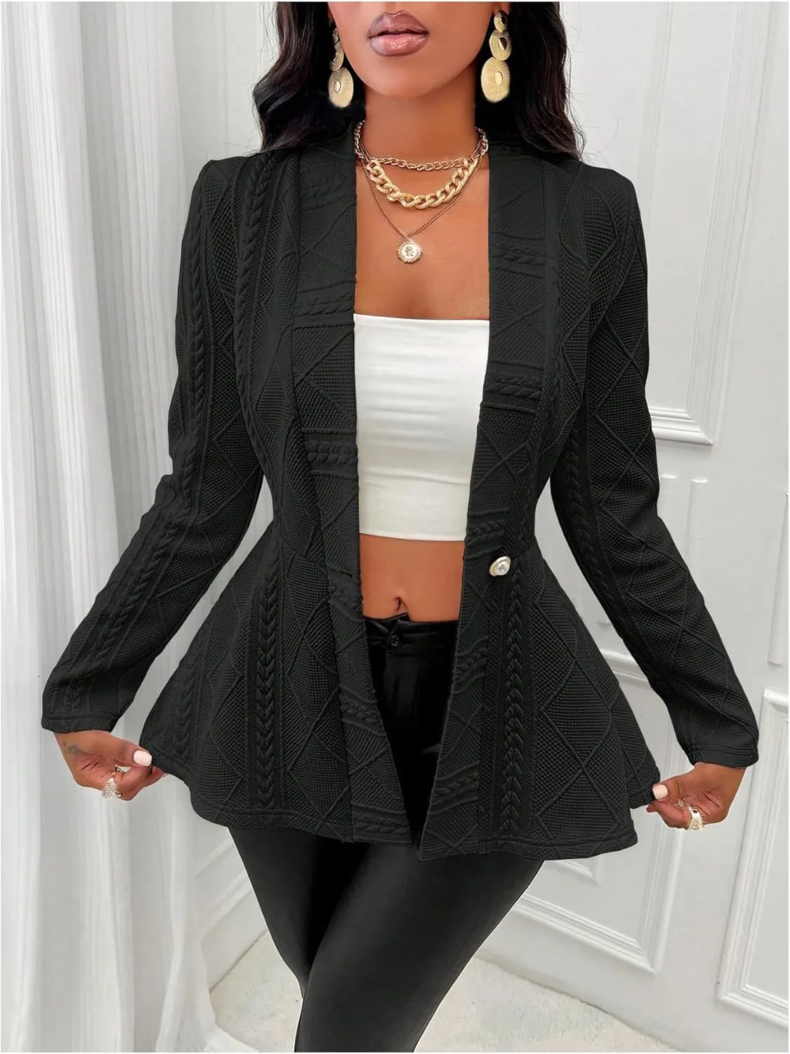 GORGLITTER Women's Peplum Blazer Jackets Business Casual Work Blazers Textured Button Front Long Sleeve Fall Outfits
