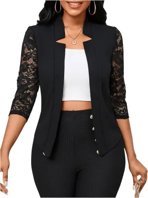 GORGLITTER Women's Sheer Lace Jacket Blazer Long Sleeve Open Front Button Casual Business Bolero Jacket