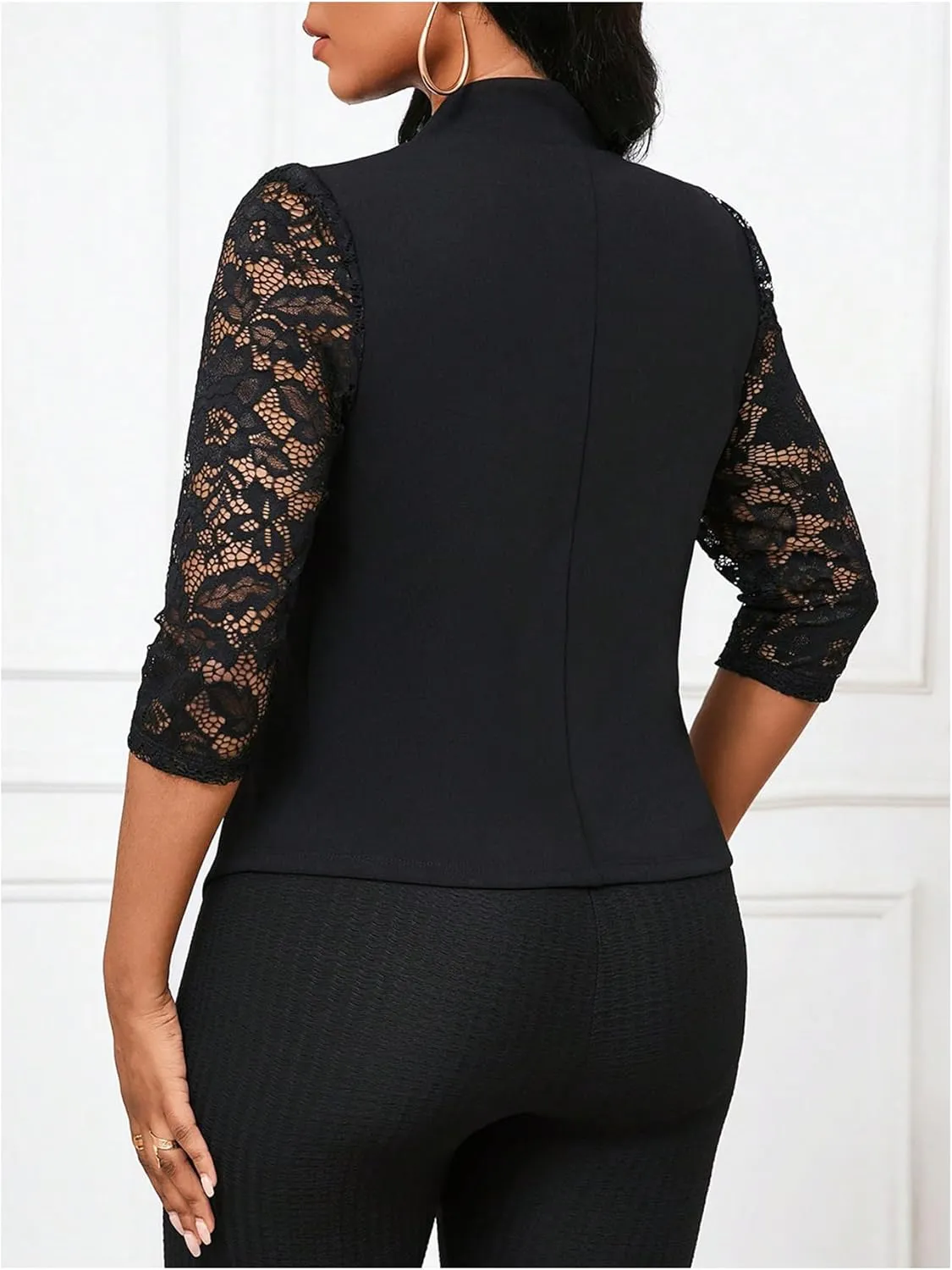 GORGLITTER Women's Sheer Lace Jacket Blazer Long Sleeve Open Front Button Casual Business Bolero Jacket