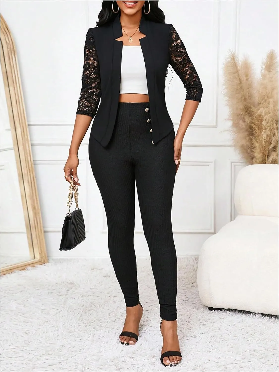GORGLITTER Women's Sheer Lace Jacket Blazer Long Sleeve Open Front Button Casual Business Bolero Jacket