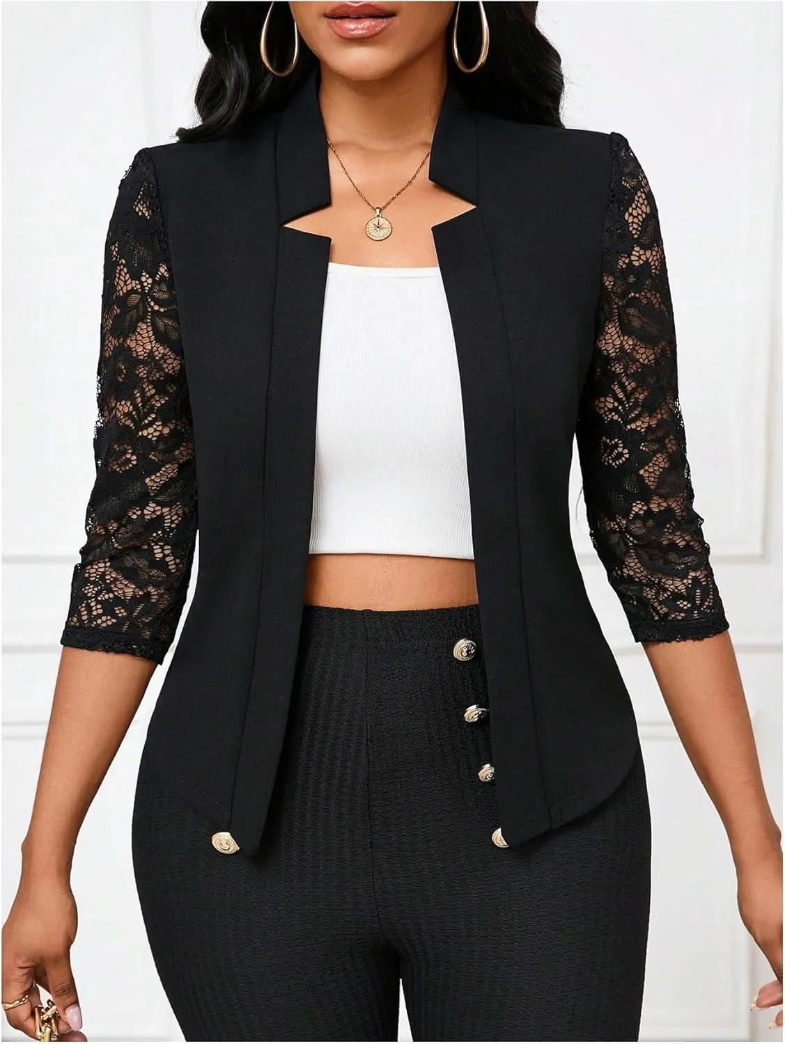 GORGLITTER Women's Sheer Lace Jacket Blazer Long Sleeve Open Front Button Casual Business Bolero Jacket