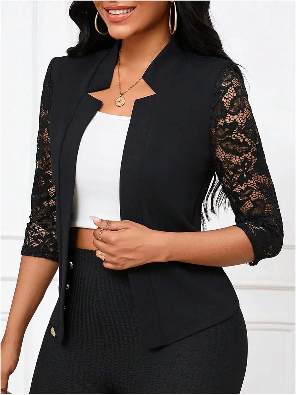 GORGLITTER Women's Sheer Lace Jacket Blazer Long Sleeve Open Front Button Casual Business Bolero Jacket