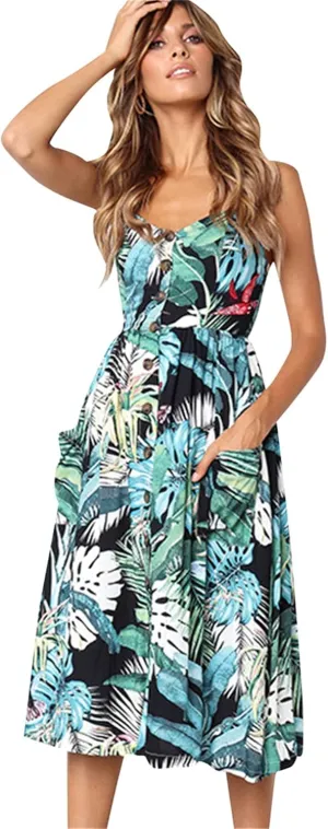 GRASWE Women's Summer V Neck Dress Floral Print Spaghetti Strap Sundress Button Down Beach Dresses with Pockets
