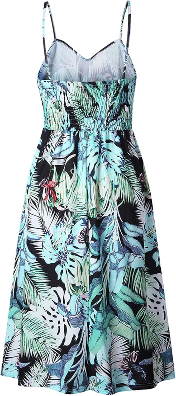 GRASWE Women's Summer V Neck Dress Floral Print Spaghetti Strap Sundress Button Down Beach Dresses with Pockets