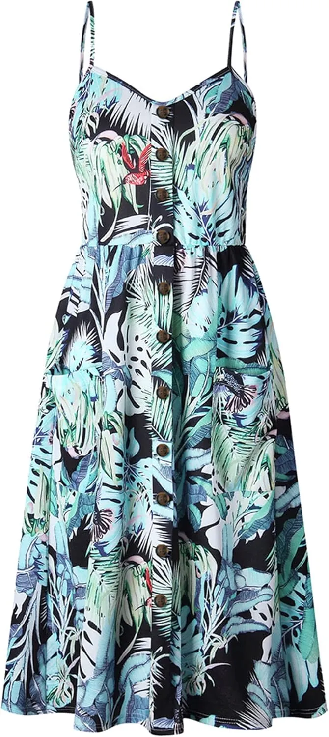 GRASWE Women's Summer V Neck Dress Floral Print Spaghetti Strap Sundress Button Down Beach Dresses with Pockets