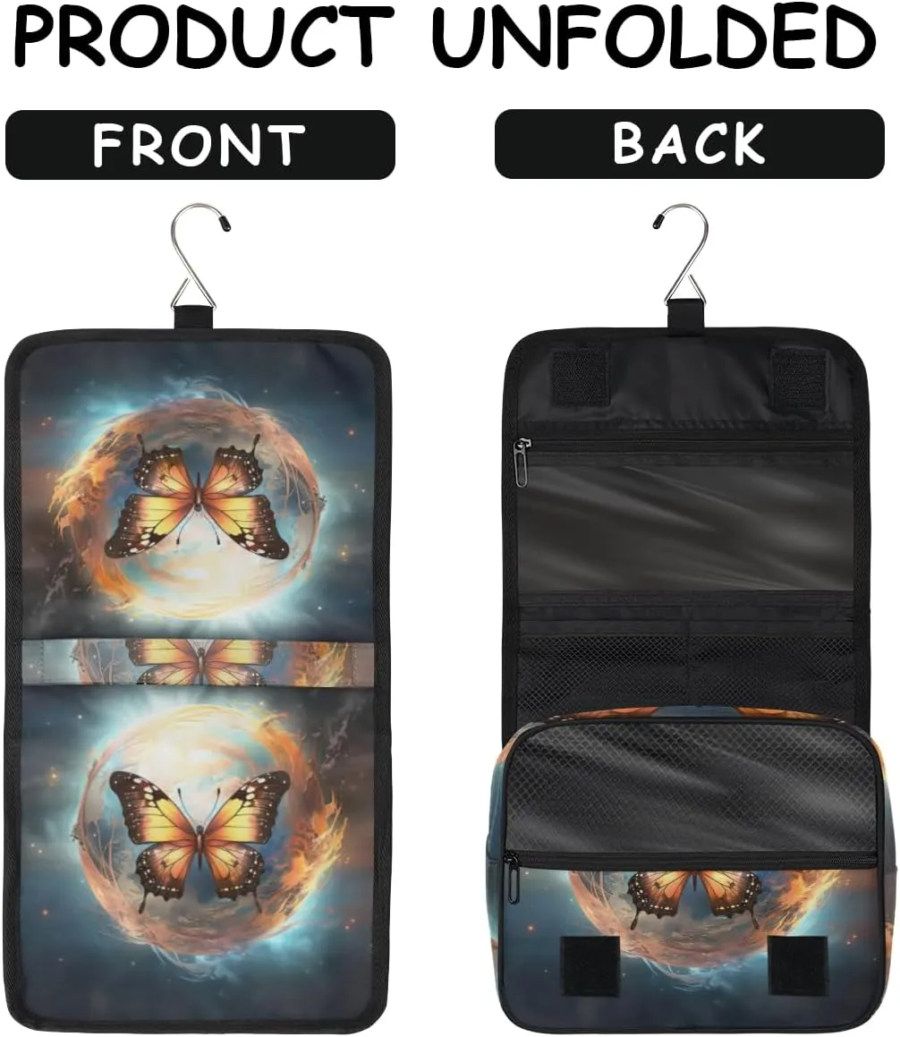 Hanging Toiletry Bag for Women & Men Small Travel Makeup Skincare Necessaire Organizer Kit Cosmetic Bags Waterproof Shower Pouch Expandable Compartments Beautiful Animal Butterfly Galaxy